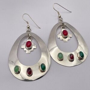 Sterling Silver Large Southwestern Gemstone Teardrop Cross Hoop Dangle Earrings‎